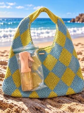 Kopari full size NWT Sunglaze sheer body mist 42 and Blue and Yellow knit tote